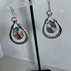 Silver Teardrop Earrings with Multicolor Stone
